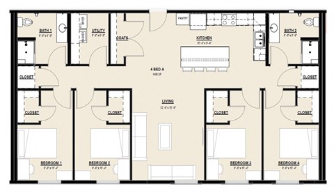 Floor plan for 4 beds, 2 baths, 1465 sqft